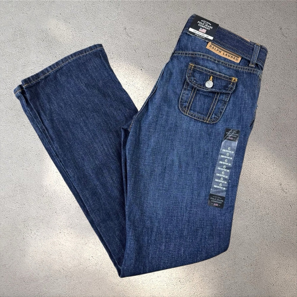 Vtg Y2K Polo Ralph Lauren Round Patch Pocket Low Rise Flare Belted Jeans Sz 6